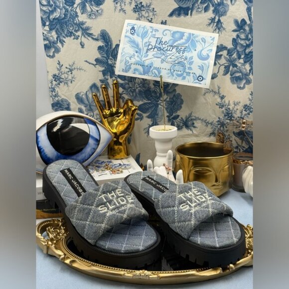 🆕 MARC JACOBS 🧿 NWOB The Quilted Denim Lug Sole Slide, Vintage Denim - Sz 8 - Picture 2 of 12